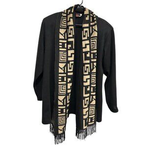 Mattie Black Beige Geometric Pattern Long Cardigan Jacket Fringe Scarf Sz Large